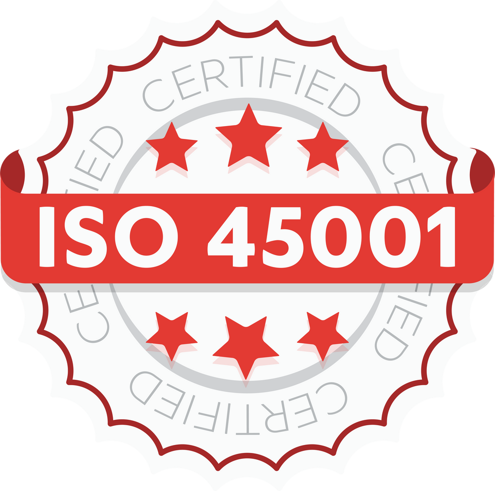 ISO 45001 certified sign. Environmental management system international standard approved stamp. Green isolated vector icon