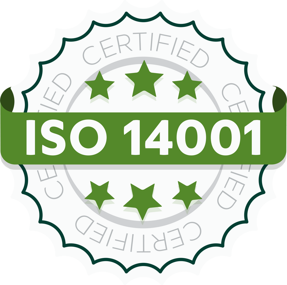 ISO 14001 certified sign. Environmental management system international standard approved stamp. Green isolated vector icon